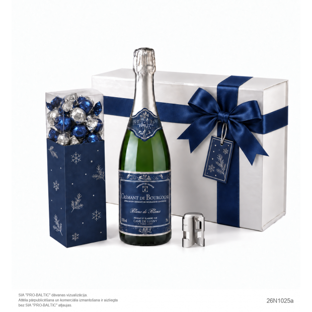 Dāvana “Pateicības dzirksts” 26N1025 ar Crémant de Bourgogne, šokolādes trifelēm un pudeles aizbāzni